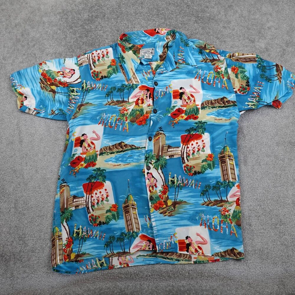 Avanti Shirt Mens XL Blue Red Silk Hawaiian Floral Hula Island Native Tribal